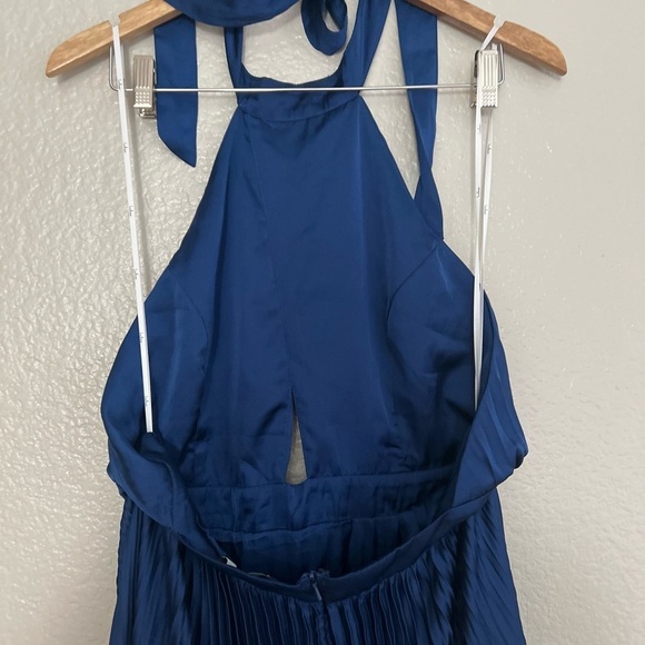 NWOT Midnight Moves Navy Blue Pleated Satin Cutout Halter Maxi Dress - Picture 4 of 8